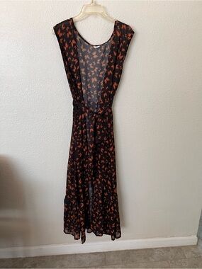 👀Black Maxi kimono  Dress with Orange butterfly  Print and Waist Tie-free size